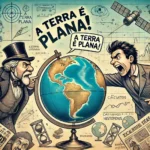 Ilustração representando o debate entre a teoria da Terra plana e a realidade científica. De um lado, um defensor da Terra plana segura uma placa, enquanto do outro, um cientista exibe um globo terrestre e argumentos científicos.