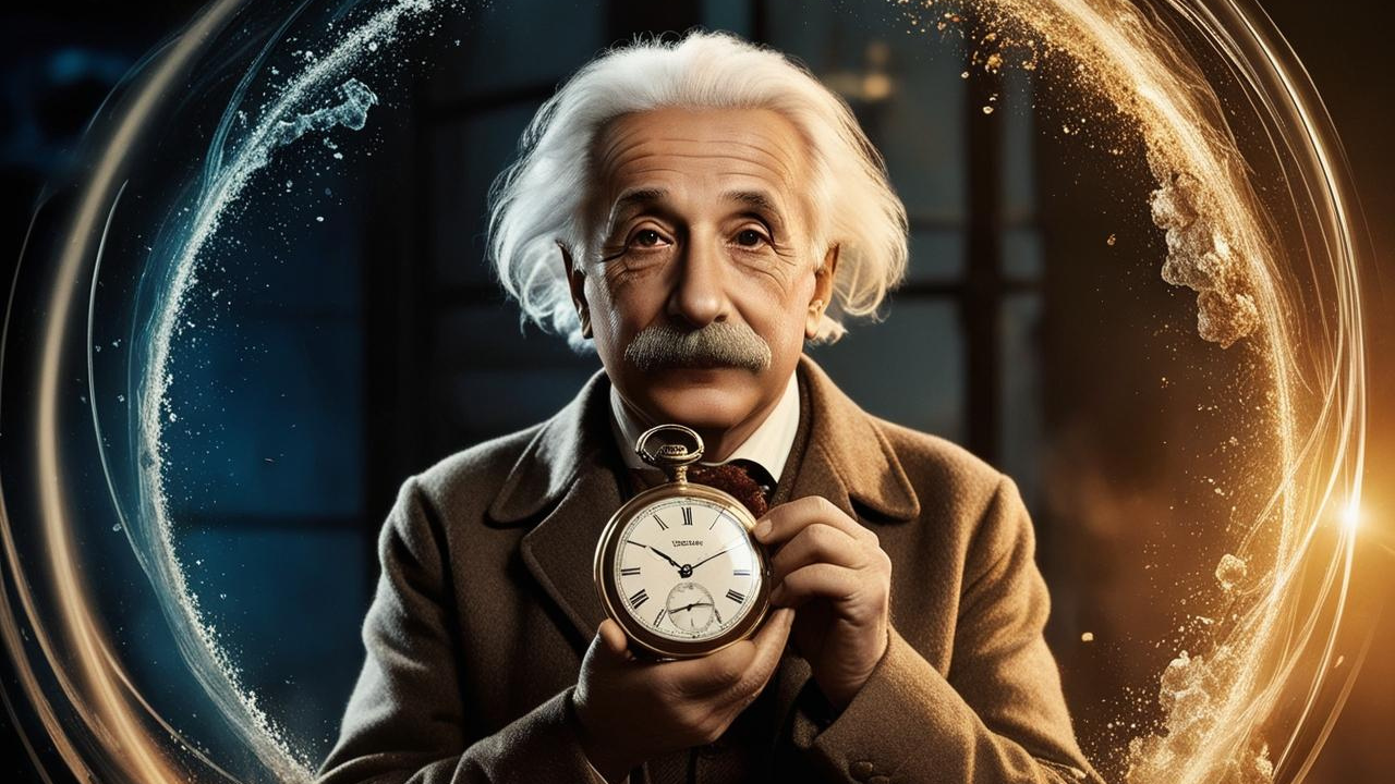 Einstein segurando relógio. Viagem no tempo.