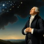 Arte conceitual de Heinrich Wilhelm Olbers observando o céu noturno, refletindo sobre seu famoso paradoxo astronômico. A cena representa um céu estrelado com vastas áreas escuras, ilustrando a questão central do Paradoxo de Olbers sobre por que o céu noturno não é completamente iluminado.