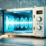 Imagem futurista de um forno de micro-ondas aberto, emitindo ondas eletromagnéticas brilhantes no interior. A ilustração destaca o funcionamento do micro-ondas e seu papel na ciência do aquecimento de alimentos.