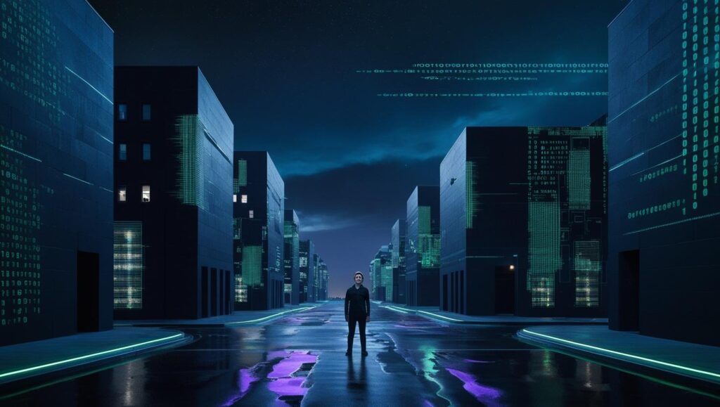 Cena urbana futurista com prédios e ruas apresentando falhas digitais (glitches), pixels distorcidos e códigos binários surgindo no ar. Uma pessoa observa a cena com espanto, enquanto a realidade parece se desintegrar em fragmentos tecnológicos. O céu exibe distorções digitais, sugerindo uma falha na simulação.